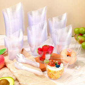 Gandeer cups and spoons close-up highlighting clear, durable plastic.