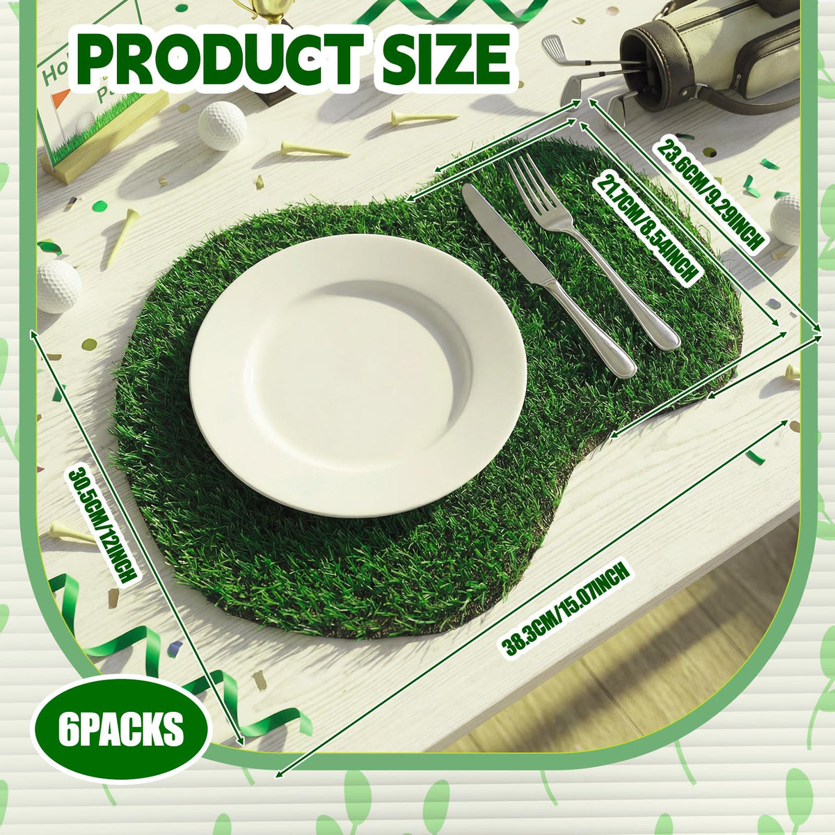 Gandeer golf course-shaped grass placemat showcases natural look for events.