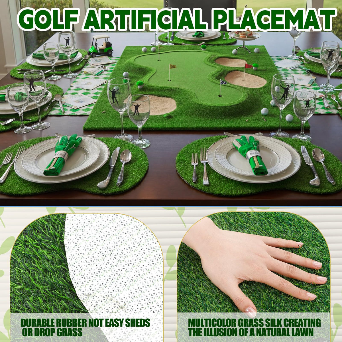 Gandeer green fake grass table centerpiece adds vibrant ambiance.