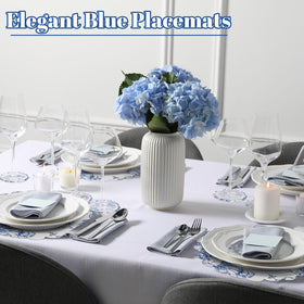 Gandeer party decor with blue floral theme enhances ambience.
