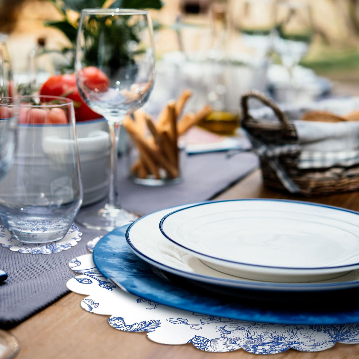 Gandeer blue floral set elevates wedding or tea party tables.