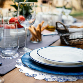 Gandeer blue floral set elevates wedding or tea party tables.