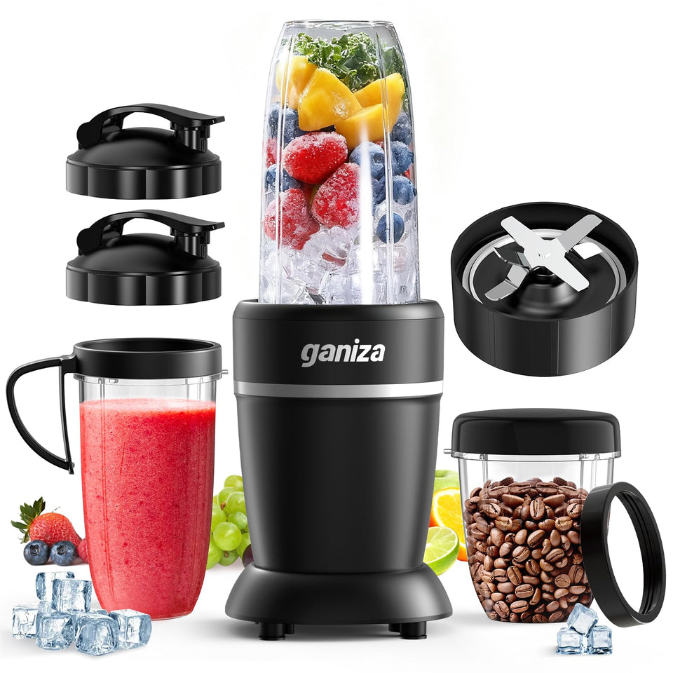 Ganiza Blender with 6-blade cross for smooth ice crushing and nut grinding.