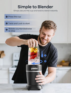 Ganiza Blender in action blending ingredients into silky smoothies.