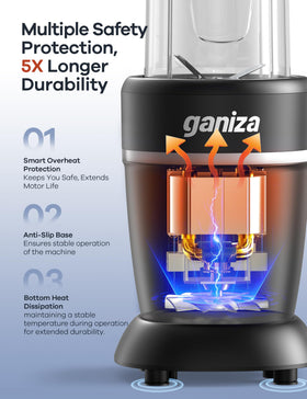 Ganiza blending cups system for family-size batches and on-the-go drinks.