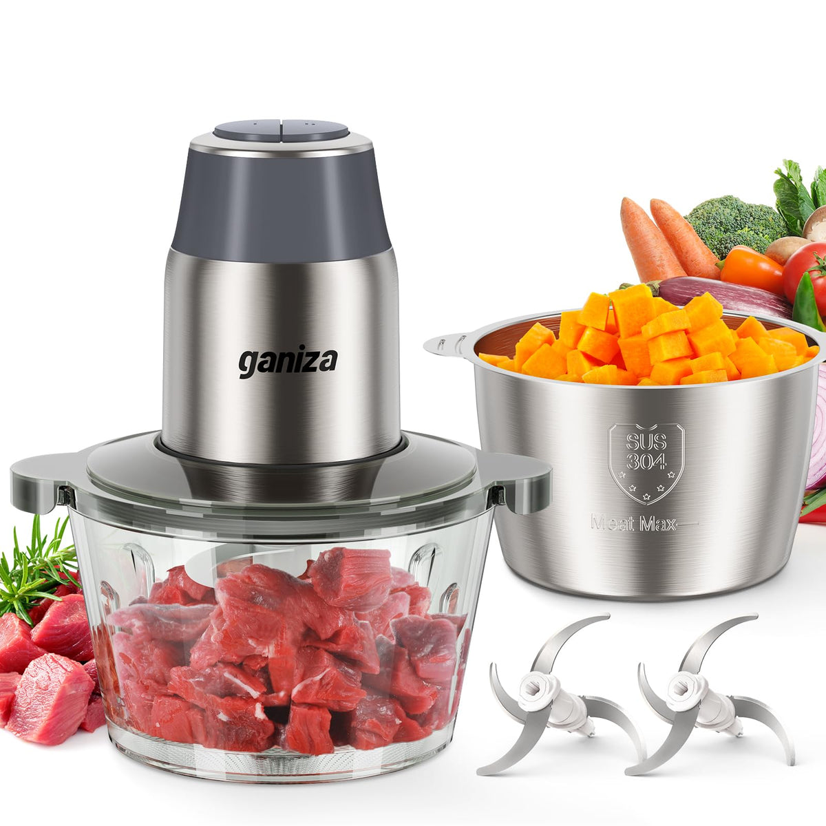 Ganiza food processor featuring 450W copper motor for rapid, even chopping