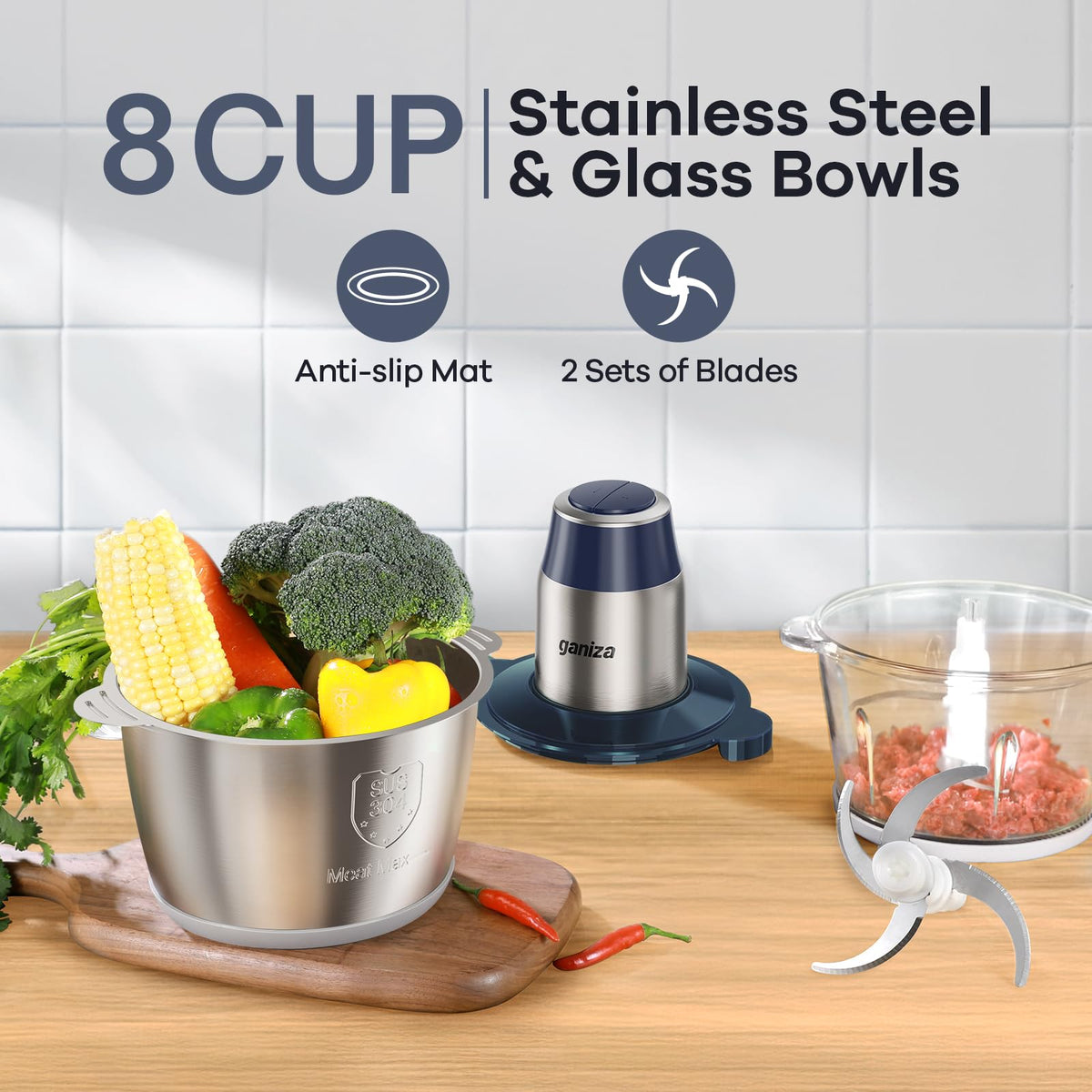 GANIZA food processor 8-cup stainless bowl ideal for meat and versatile prep.