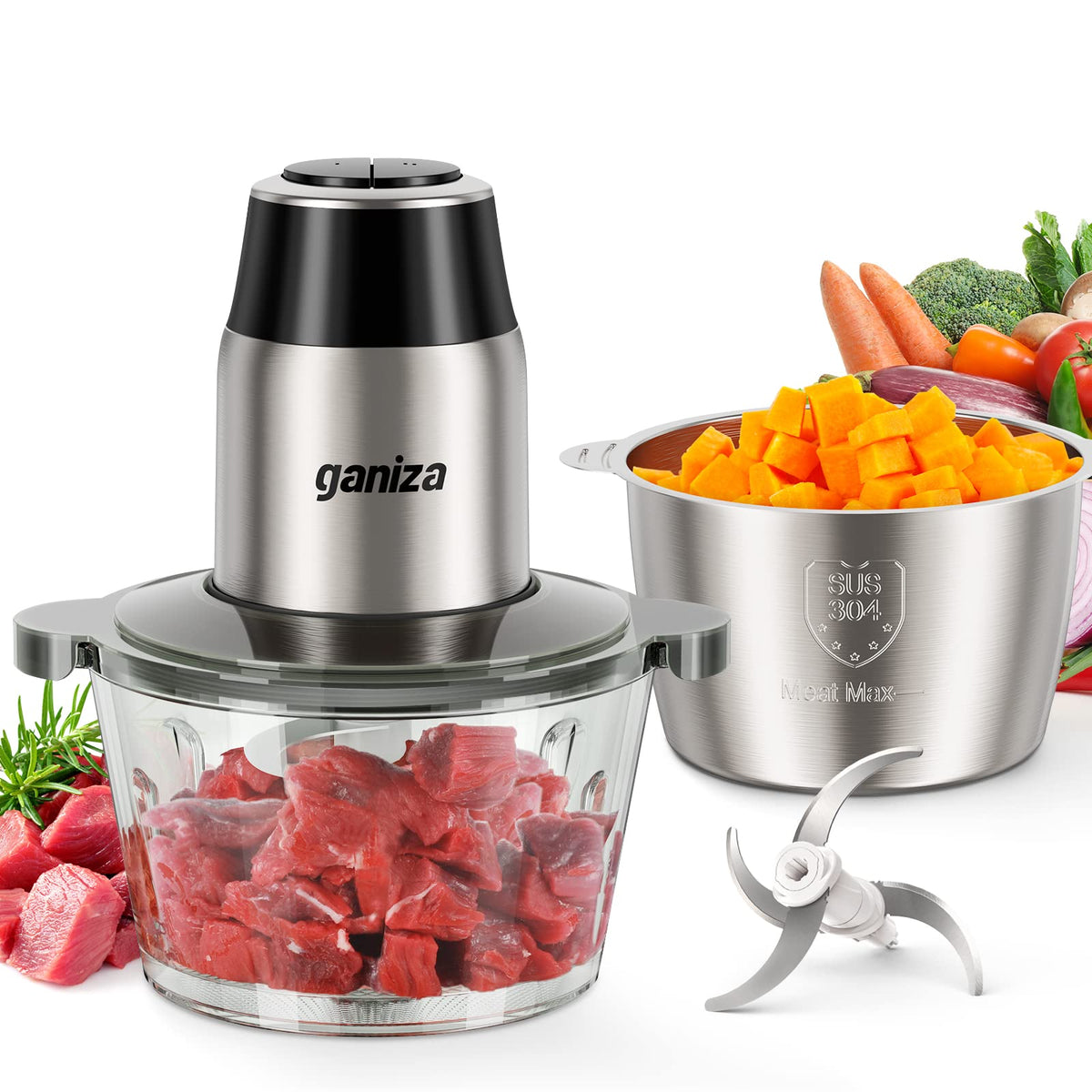 Ganiza food processor with meat grinder attachment for quick, even mincing of meat.