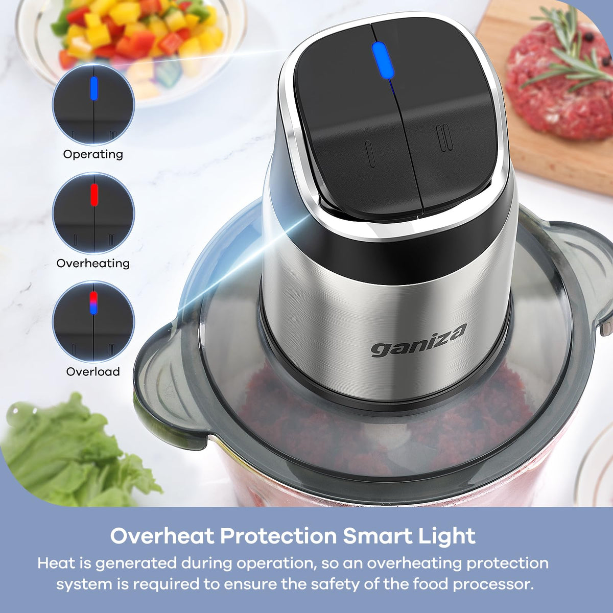 Ganiza Food Processor with stainless 8-cup bowl for durable, mess-free prep