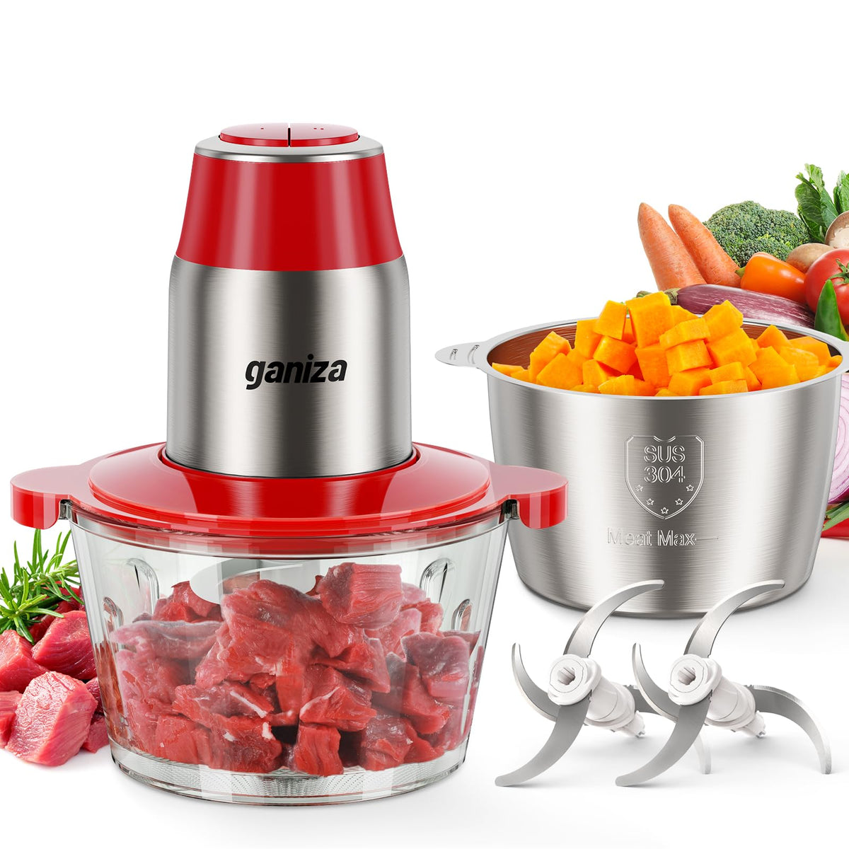 Ganiza food processor with two 8-cup bowls for versatile prep