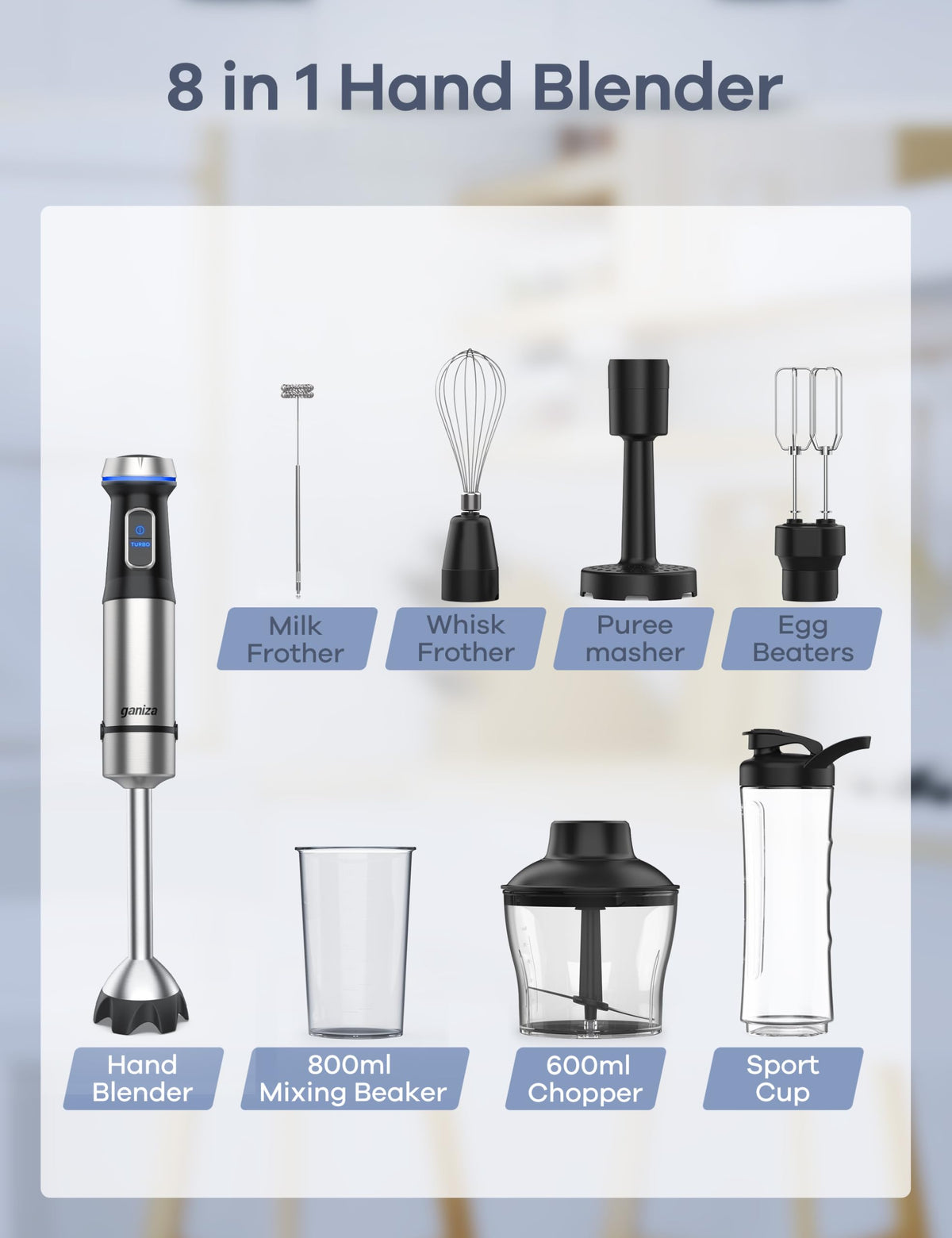 Ganiza frother attachment creates creamy foams for coffee drinks.