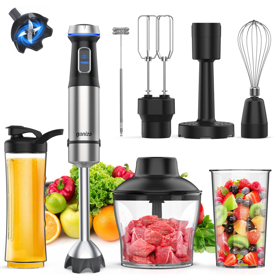 Ganiza immersion blender handle shows ergonomic grip for easy, precise blending.