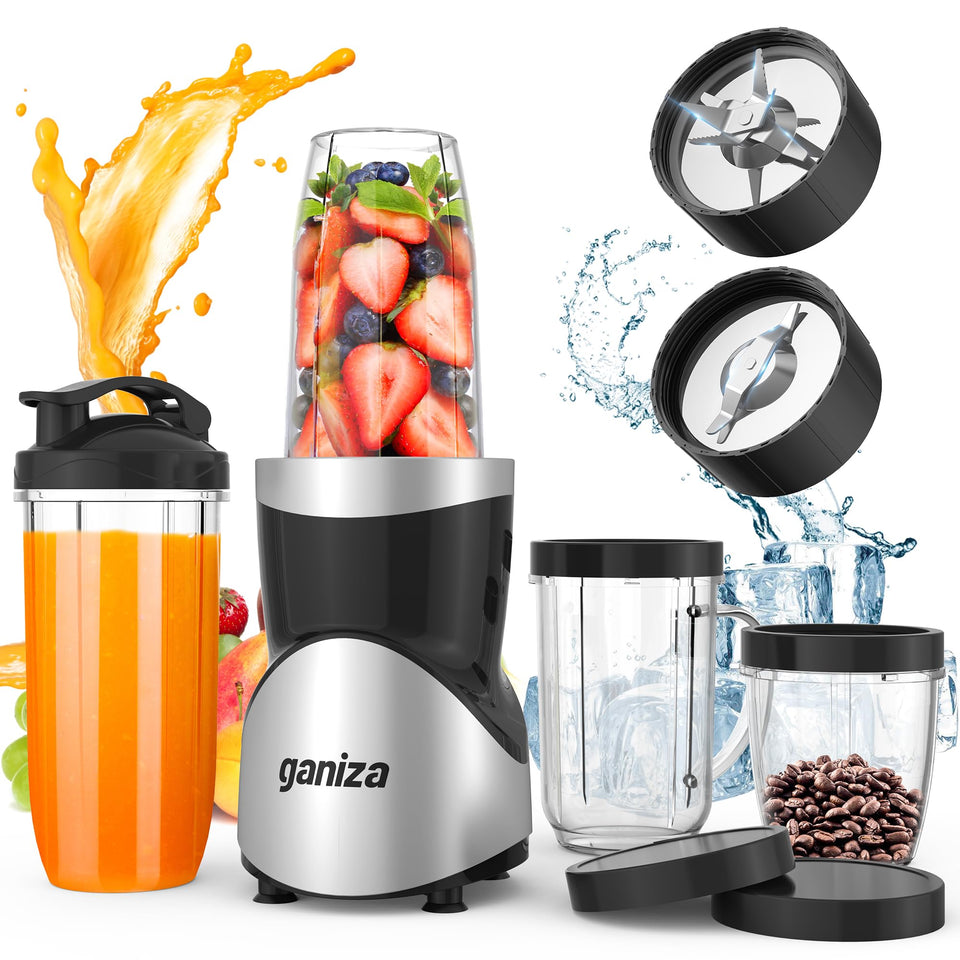 Ganiza Smoothie Blender 900W motor powers smooth blends for shakes and smoothies.