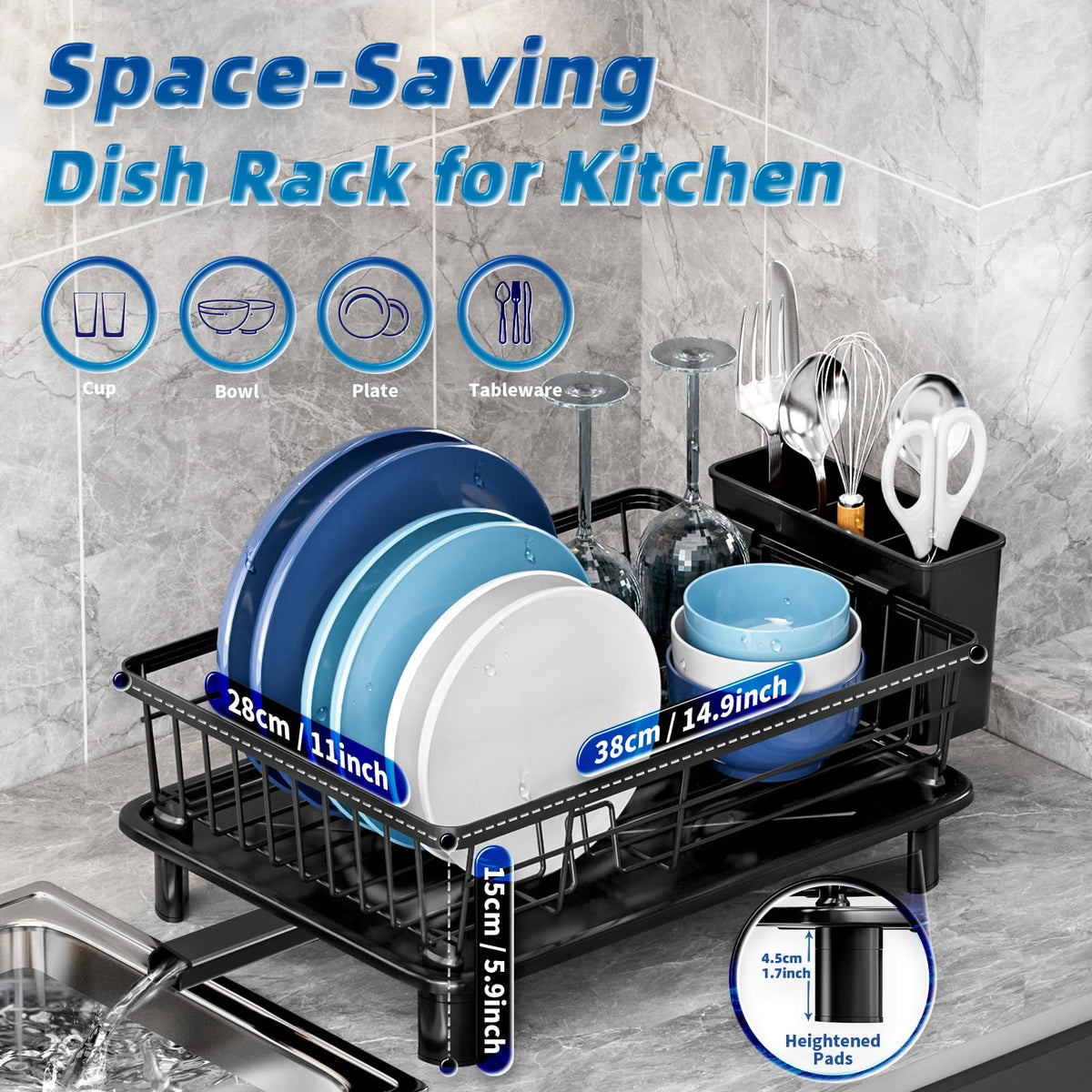 GAOKASE dish drying rack adjustable cutlery drainer fits tall utensils