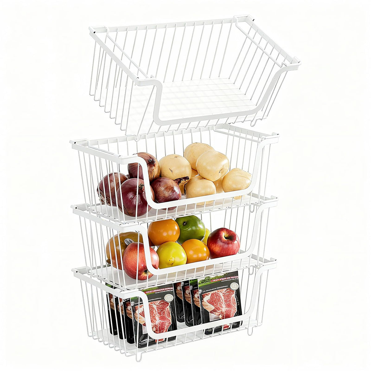 GAOKASE stackable wire basket front view keeps produce visible and organized.