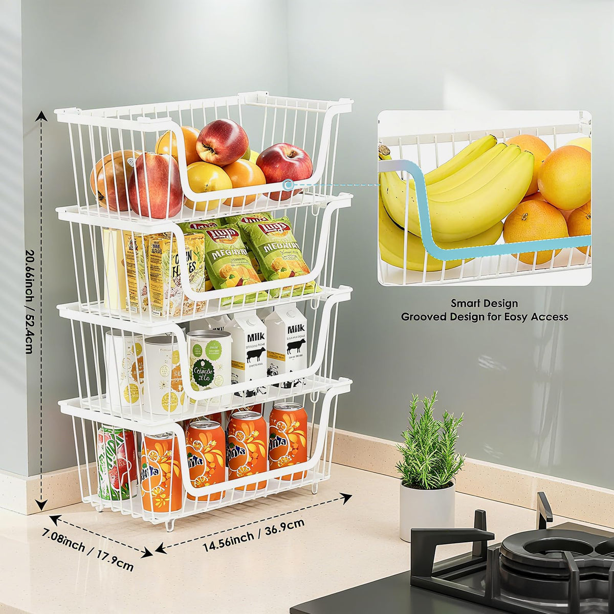 GAOKASE stackable wire basket stacked setup saves vertical space and clutter.