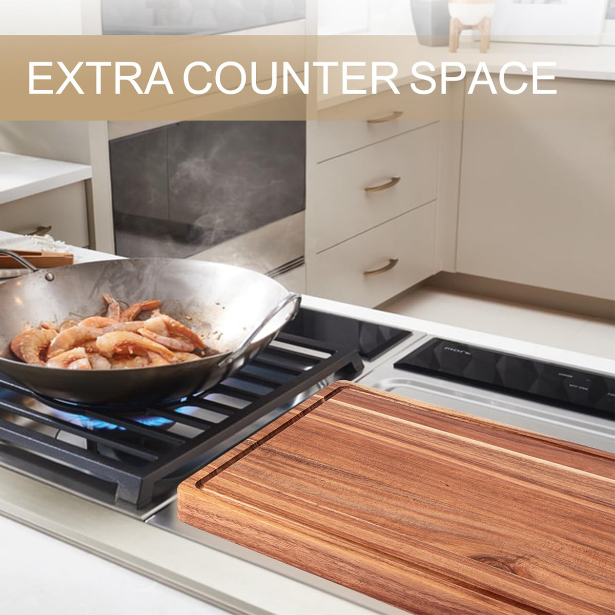 Reversible surface on GAOMON acacia board doubles kitchen prep options.