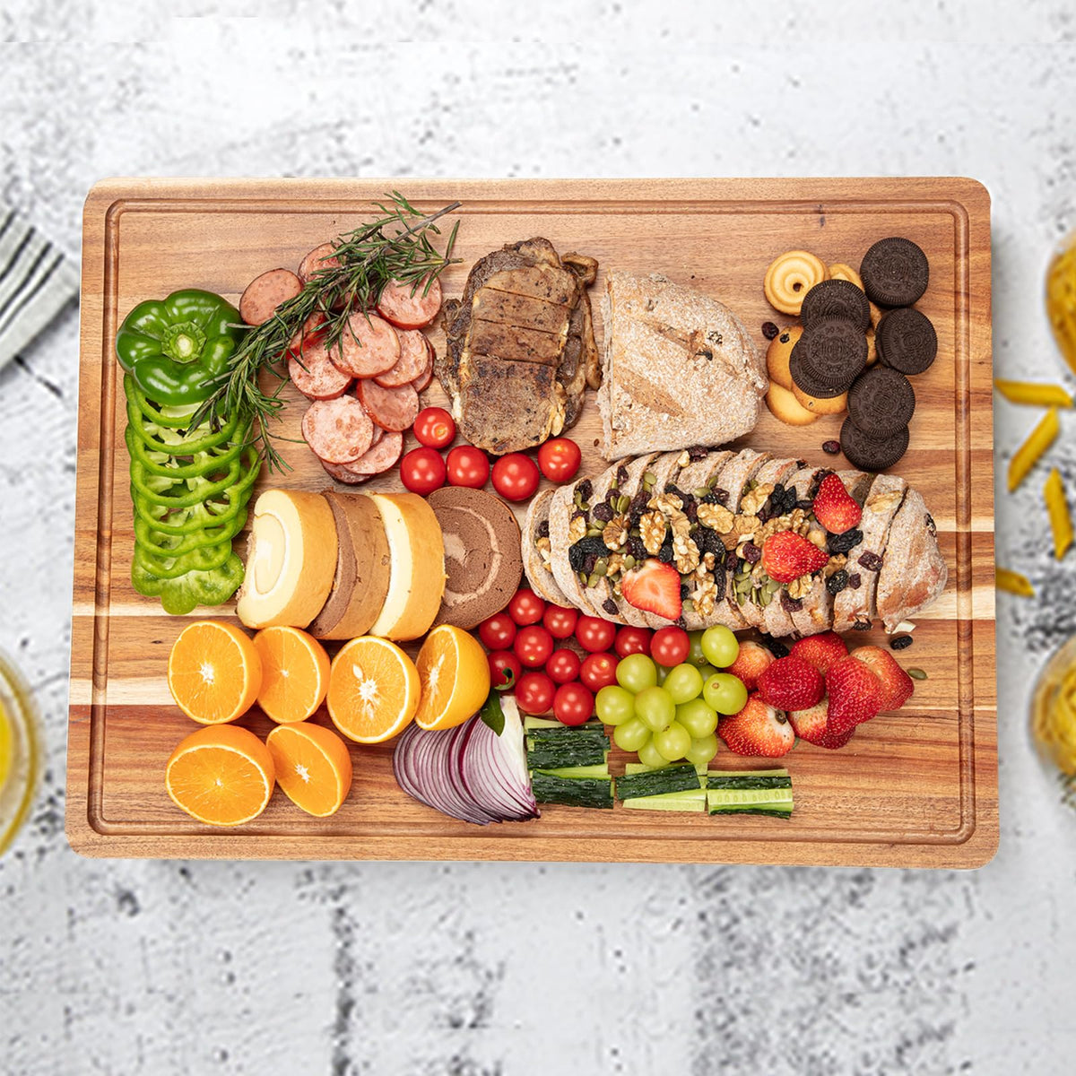 GAOMON kitchen cutting board showcases natural wood grain and prep area.