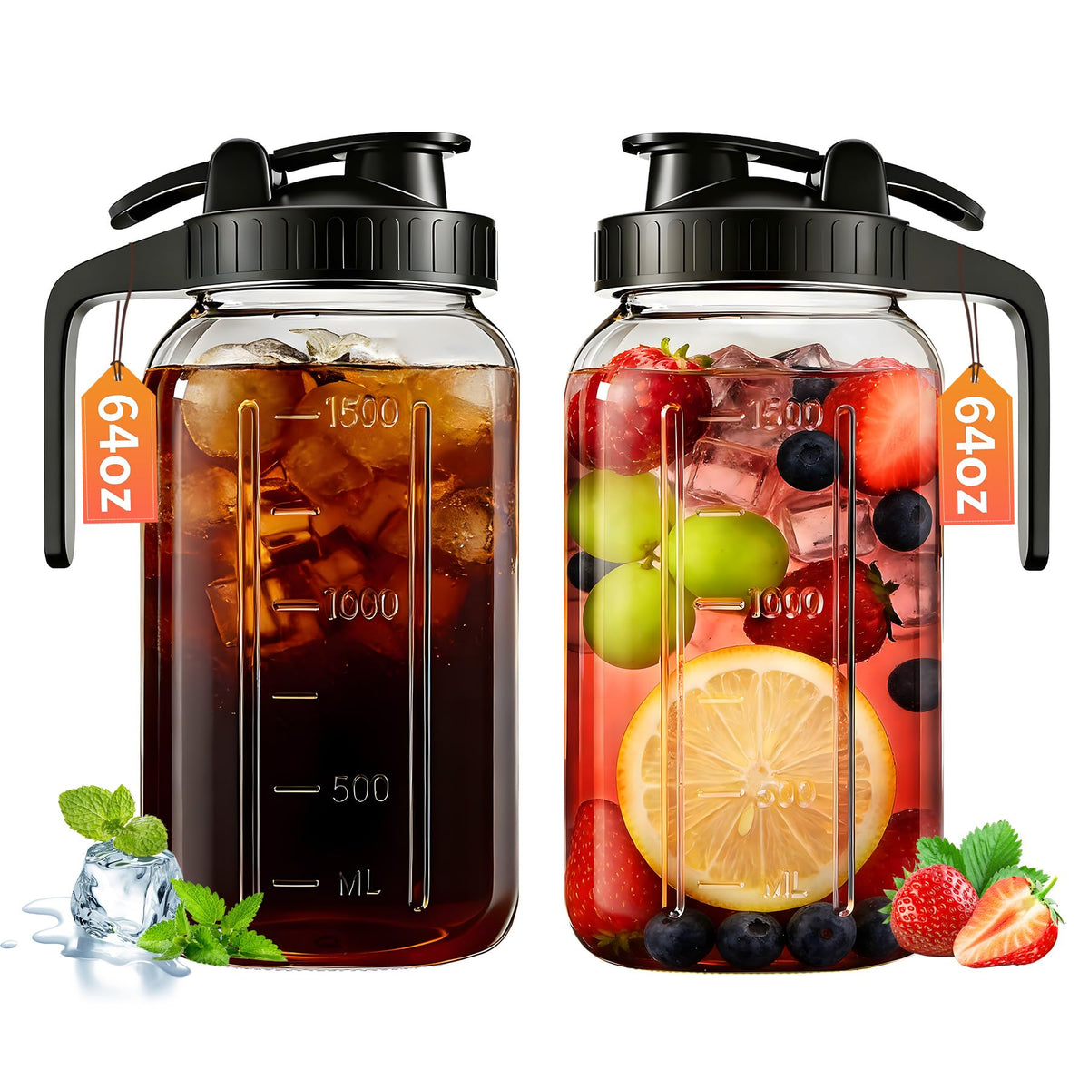 GAOSUMYBA 64oz glass pitcher with lid pour spout for cold beverages