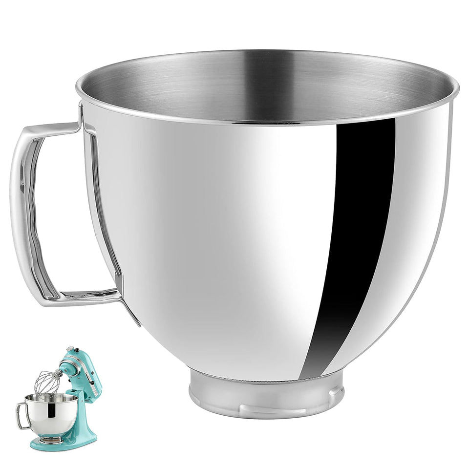 GAOZAILI 5QT mixer bowl with handle and polished finish for KitchenAid mixers.