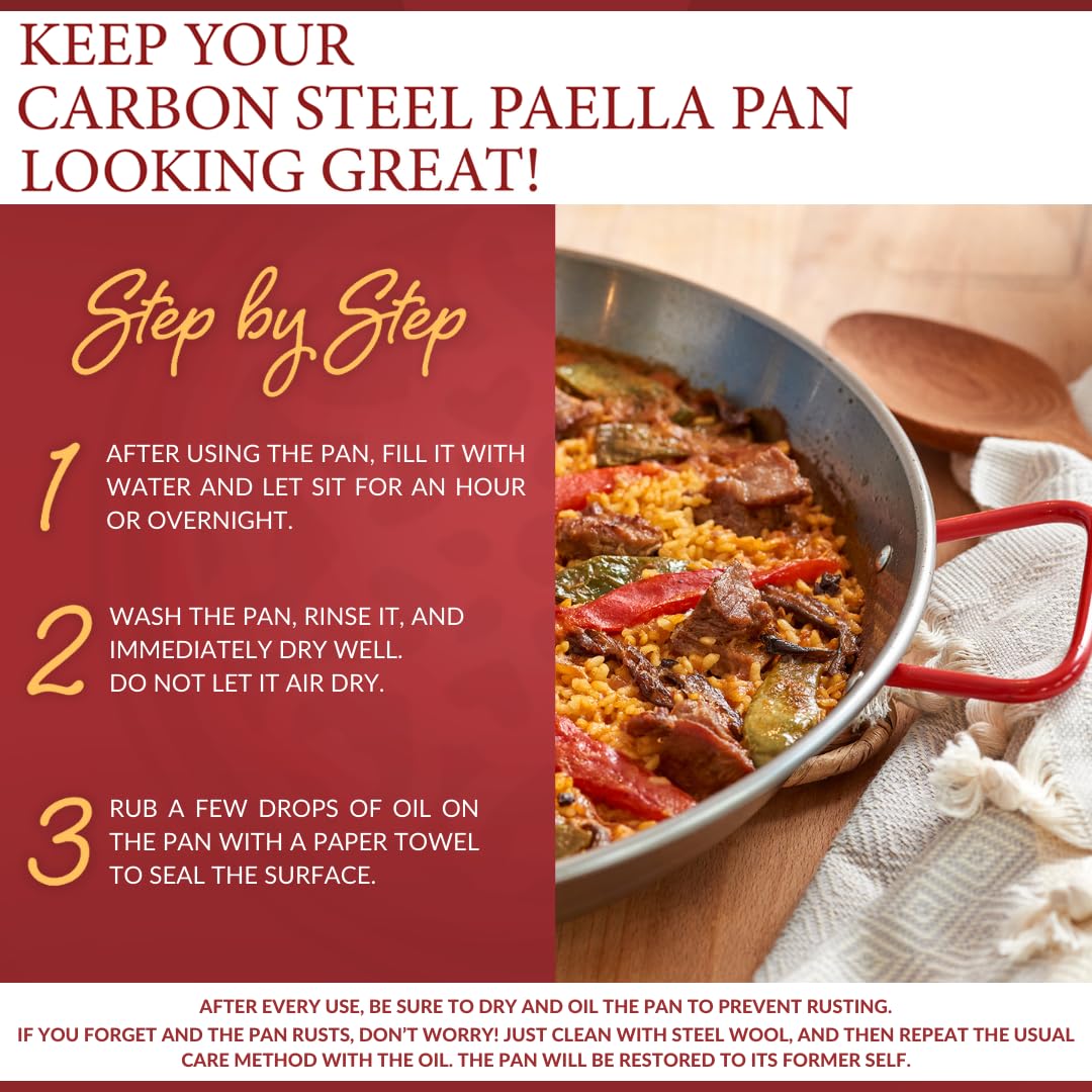 Garcima paella pan with red handles; easy lifting during cooking.