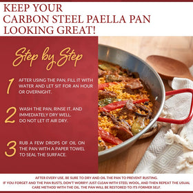 Garcima paella pan with red handles; easy lifting during cooking.