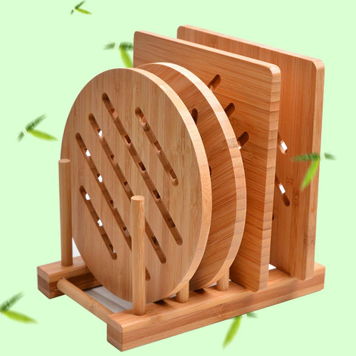 Garkup bamboo round trivet shields countertops from hot pots.
