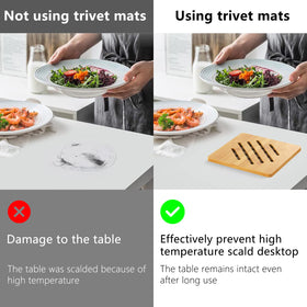 Garkup bamboo square trivet keeps dining surfaces safe under pans.