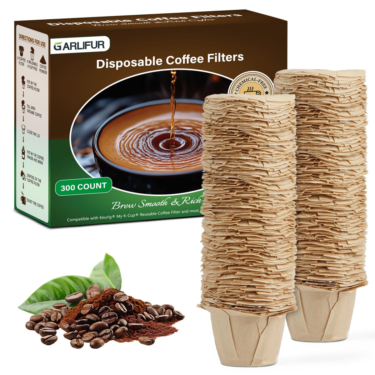 GARLIFUR natural unbleached filter papers, front view, for cleaner tasting coffee.