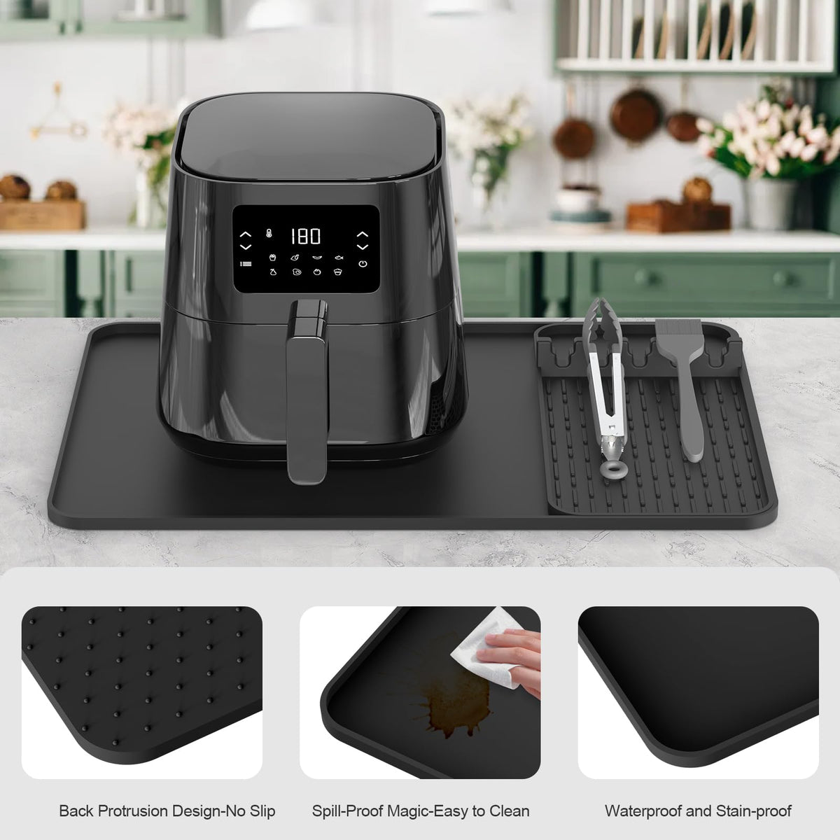 Garolue air fryer mat under appliance guards against heat transfer.