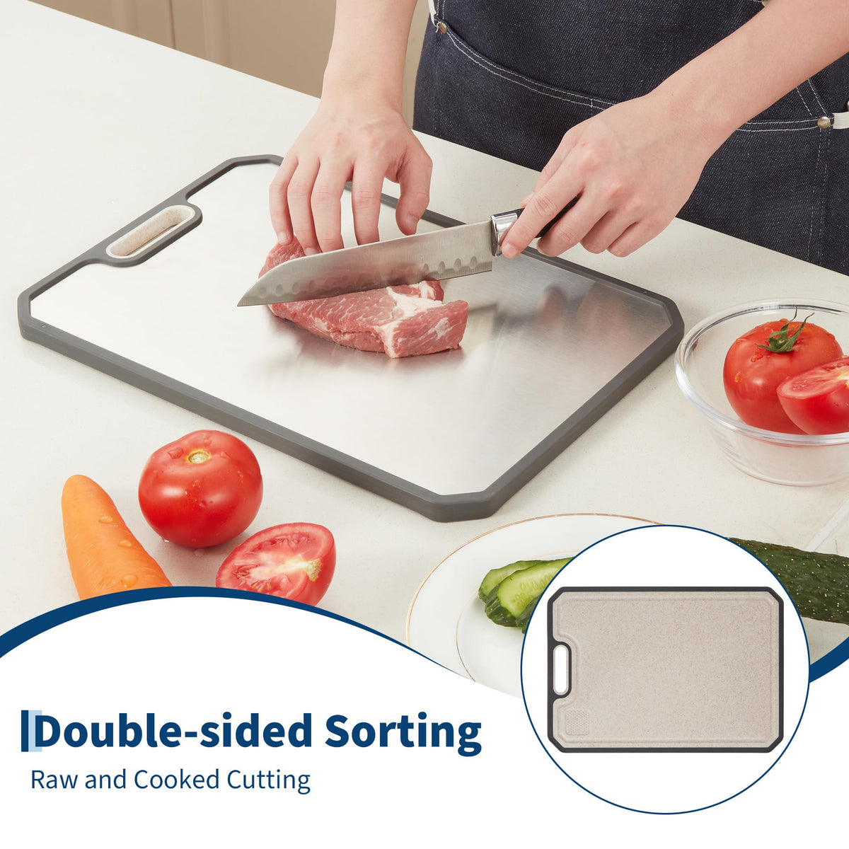 Garvee stainless steel cutting board on a modern kitchen counter