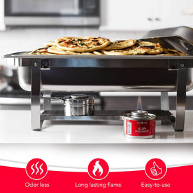 Gas One chafing fuel used in a catering buffet setup to keep dishes warm.