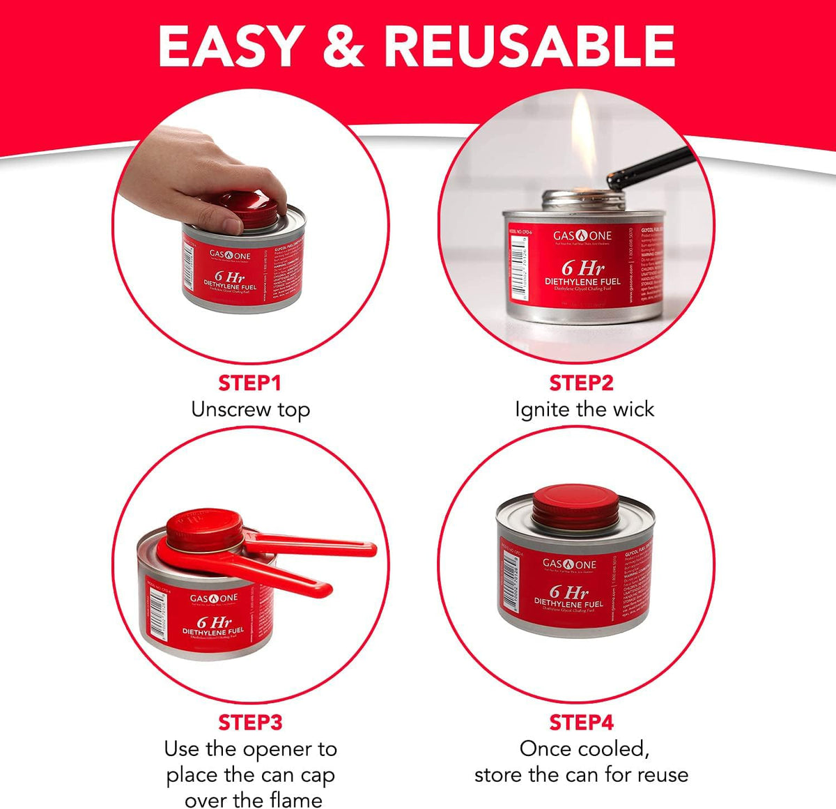 Gas One fuel pack with lid opener for safe handling.
