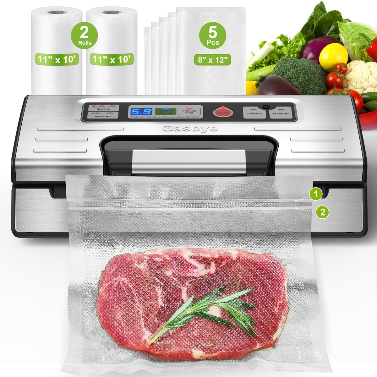 Gasbye 95kPa vacuum sealer with strong suction for tight, reliable seals.
