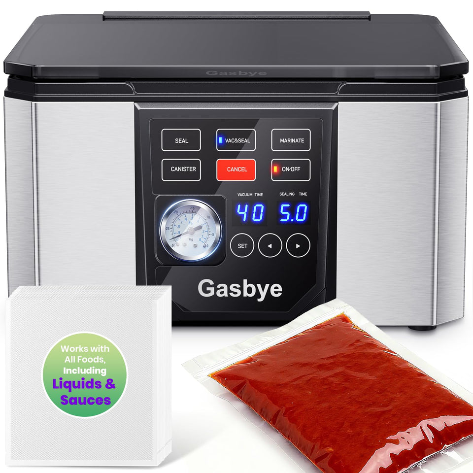 Gasbye Chamber Vacuum Sealer front view in stainless steel for durable food preservation.