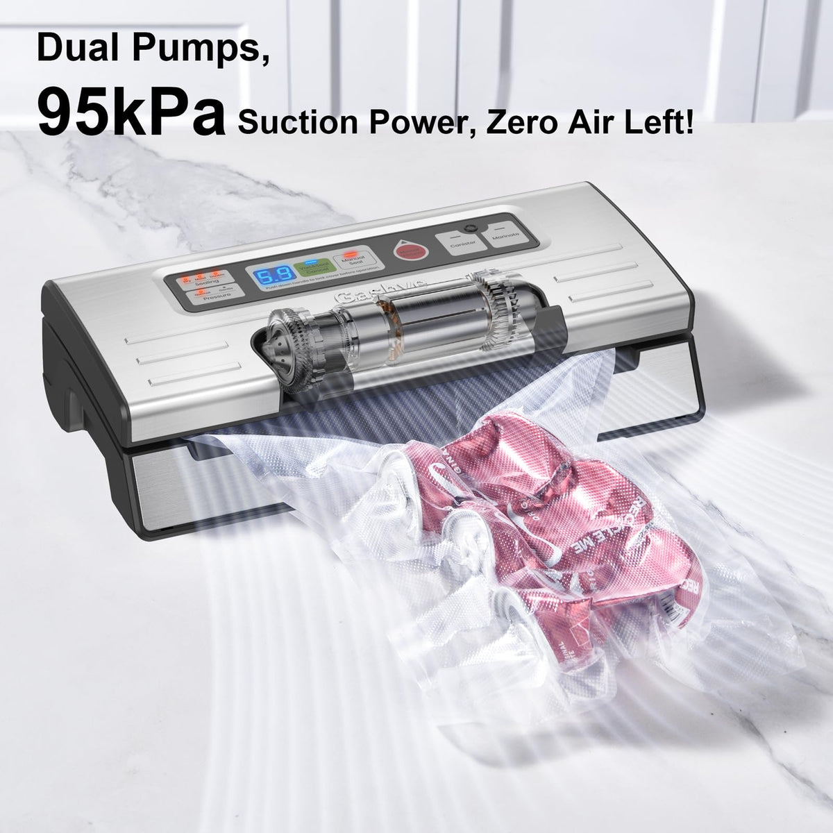Gasbye pulse mode enables gentle sealing for delicate ingredients.