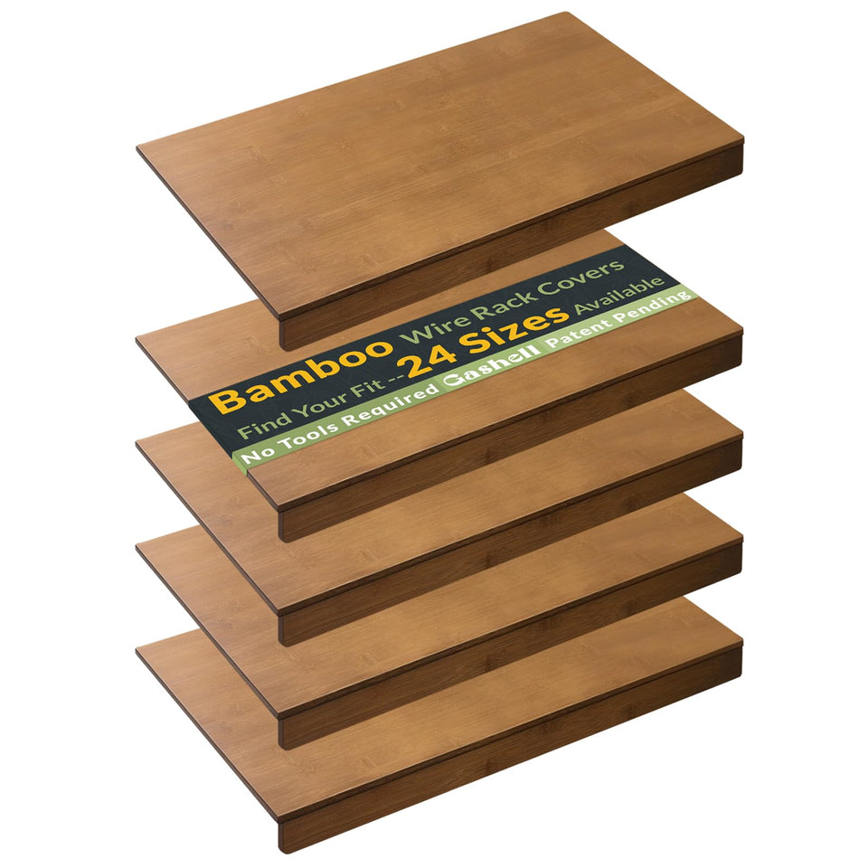 Gashell bamboo shelf cover on pantry wire rack highlights natural grain and tidy storage