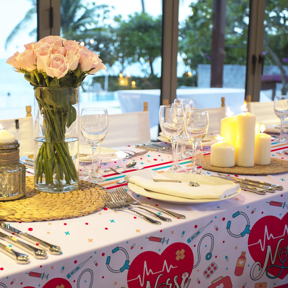 Gatherfun disposable waterproof tablecloth protects surfaces while hosting lively medical-themed events