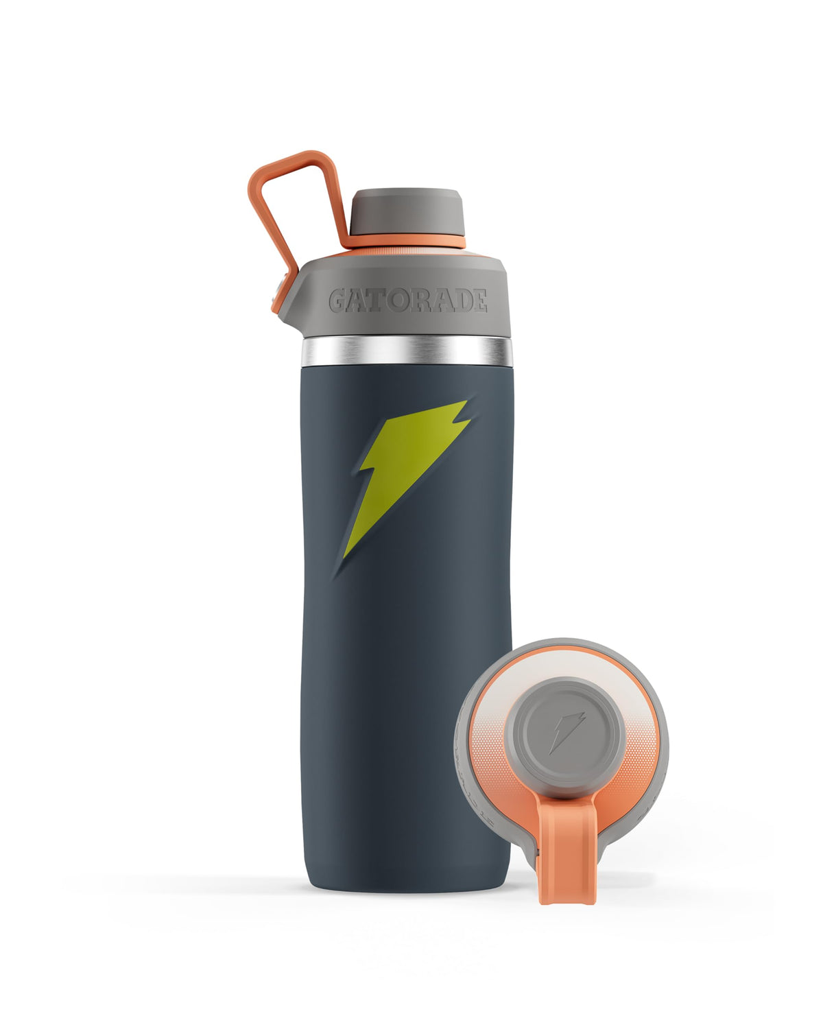 Gatorade Overtime 32oz bottle shows gray body with neon yellow accents for on-the-go hydration.