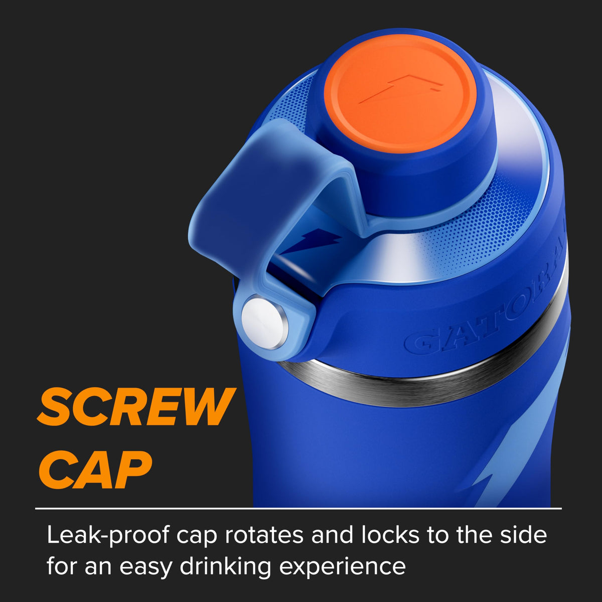 Gatorade Overtime bottle side profile displays dent-resistant exterior for rugged use