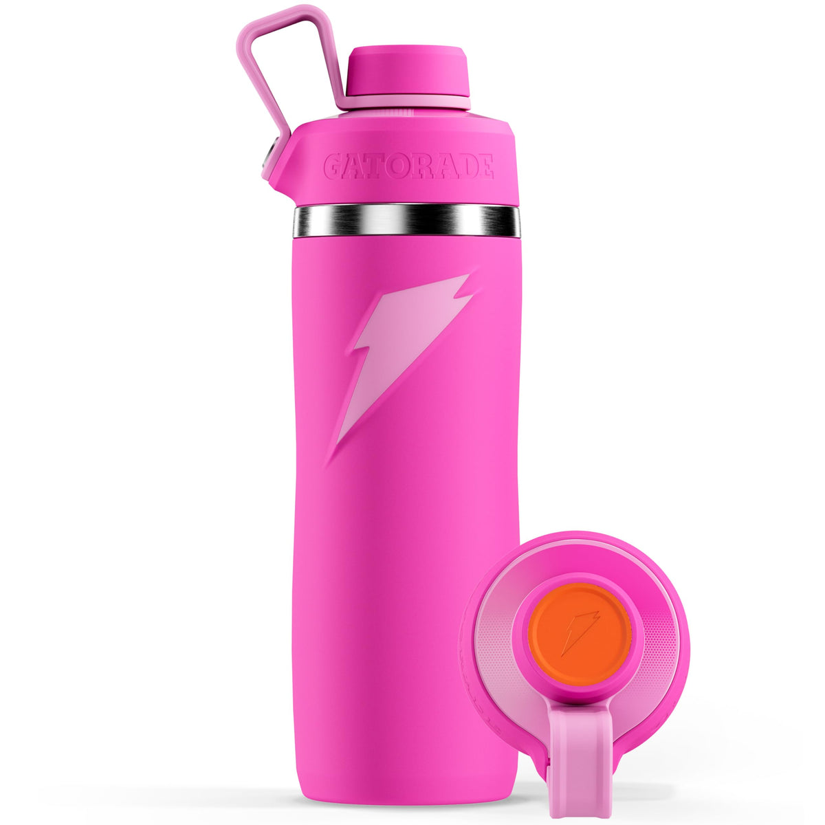 Gatorade Overtime bottle with pink wide-mouth cap, ideal for quick fills.