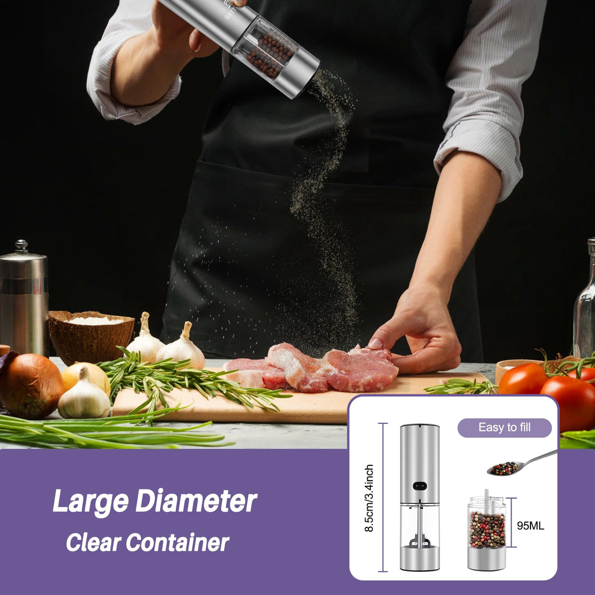 Clear acrylic container lets you monitor remaining spice