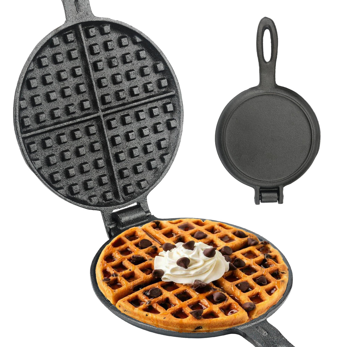 GAQUECY cast iron waffle maker seven-inch top view for stove use and camping