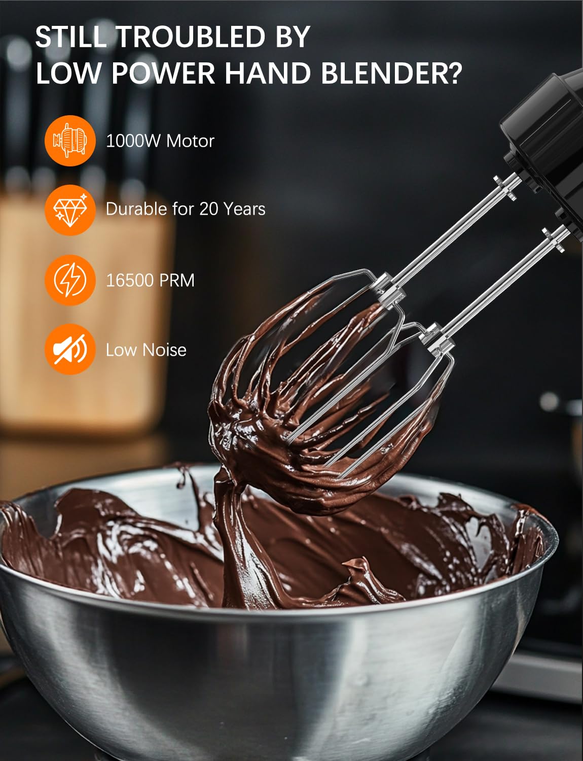 GAVASTO hand blender showing 20 speeds and turbo for versatile textures.