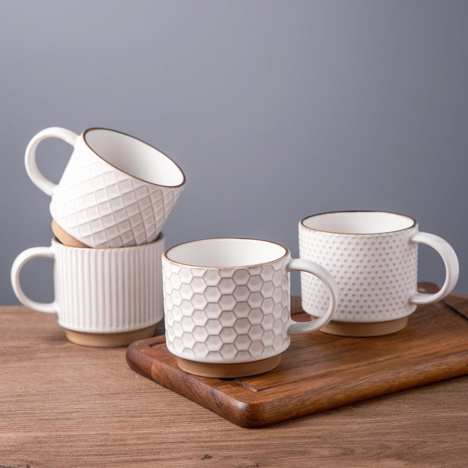 GBHOME 12oz stackable mugs with textured embossing for stylish daily coffee.