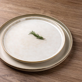 GBHOME cappuccino dinner plate side detail showing edge relief that keeps sauces in place.