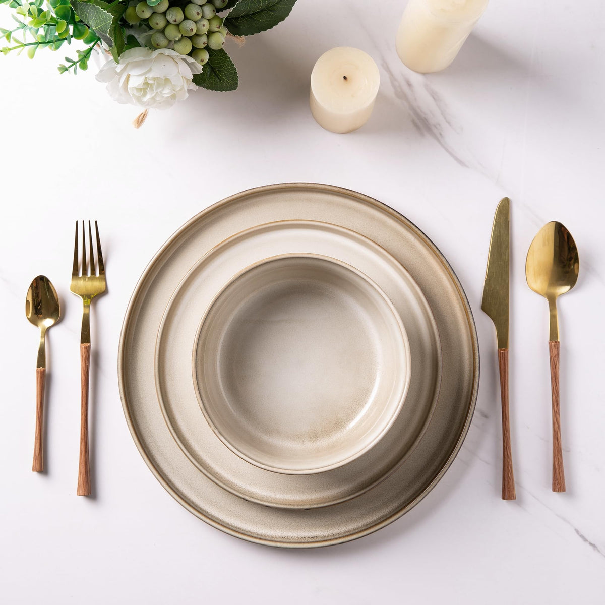 GBHOME cappuccino table set ready for everyday meals or entertaining.