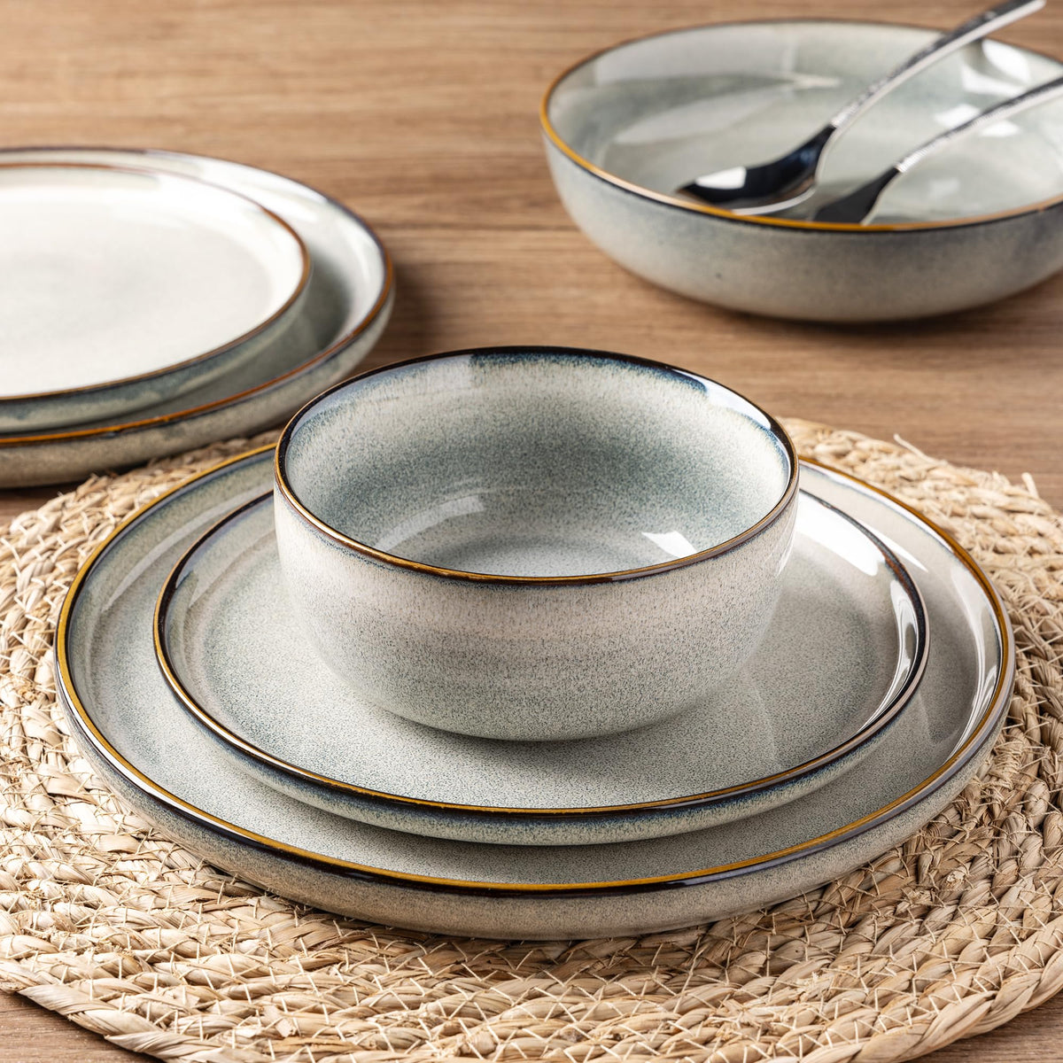 GBHOME Green Wheat stackable dinnerware neatly stored to save space