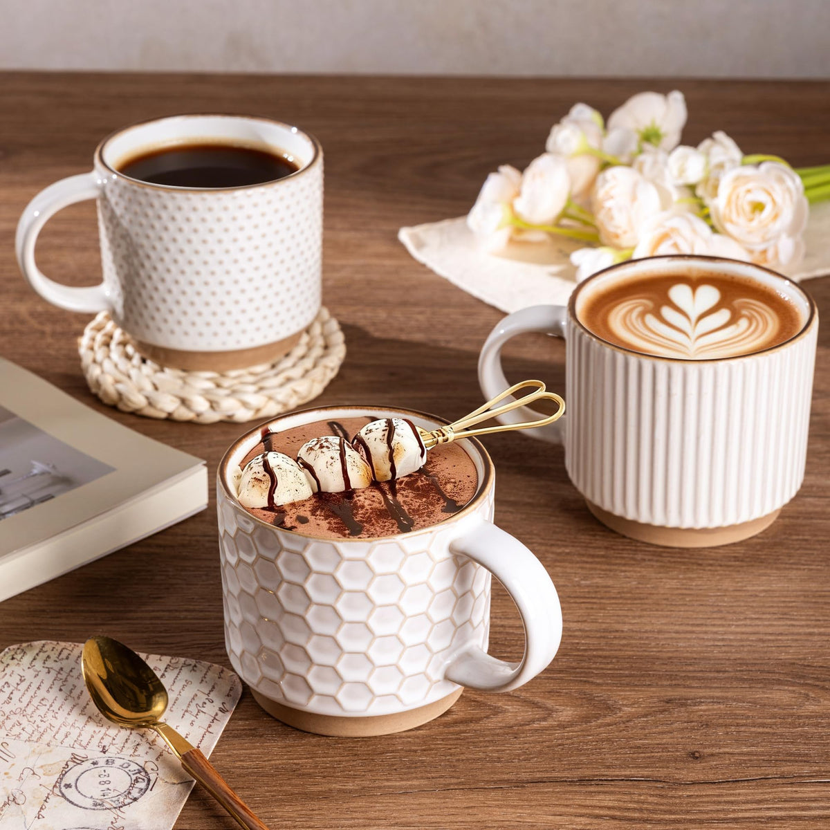GBHome four-pack stackable mugs maximize cabinet space without compromising style.