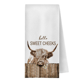 GCFET Highland Cow towel featuring Hello Sweet Cheeks for soft, absorbent hand drying.